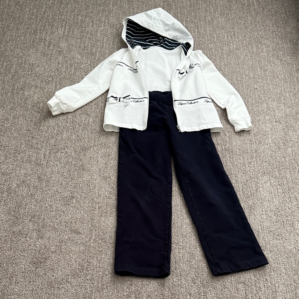 Lapin House navy/ white Hoodie with Pants Set- cotton. Made in Greece. Size 8